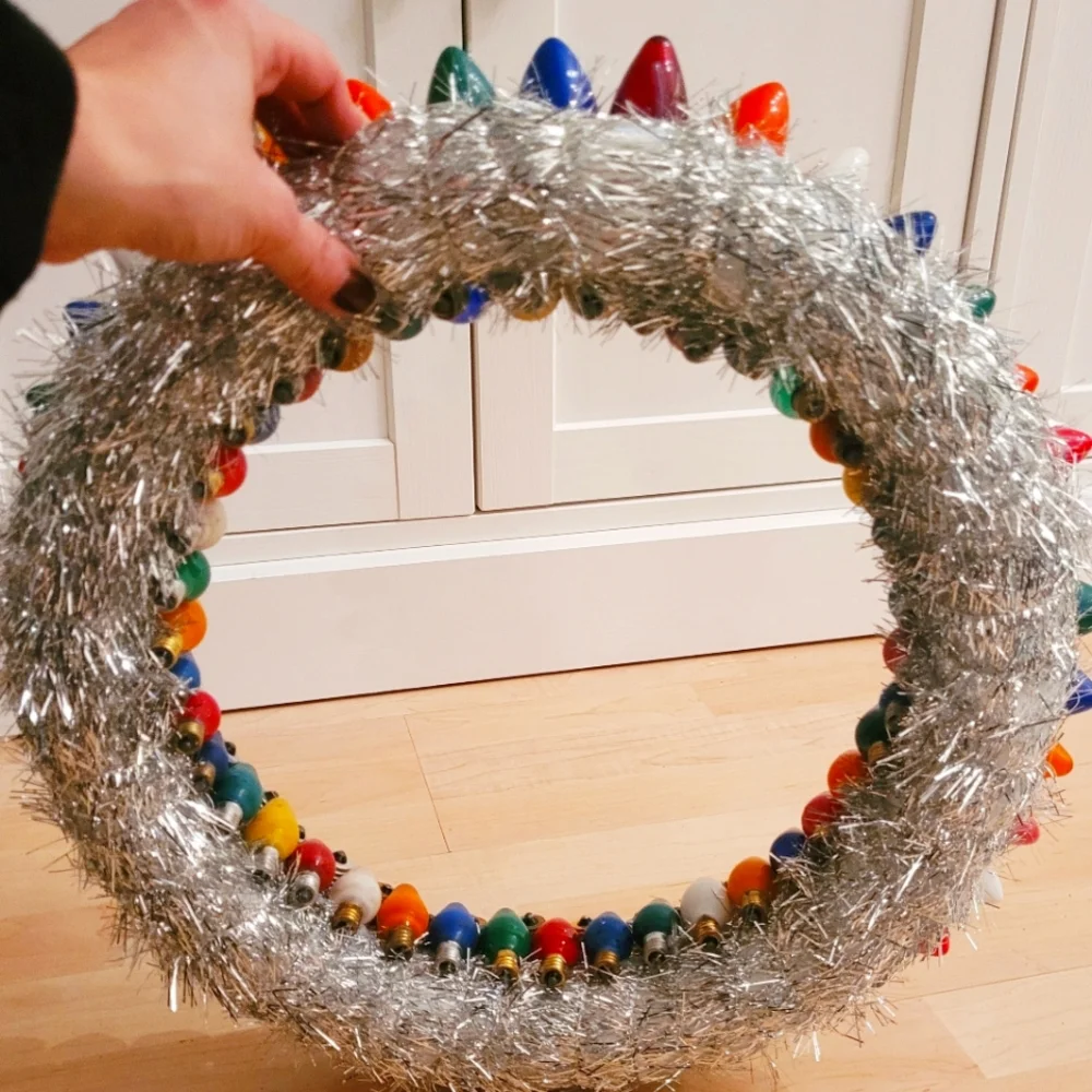 Handmade vintage tinsel and lightbulb Christmas wreath